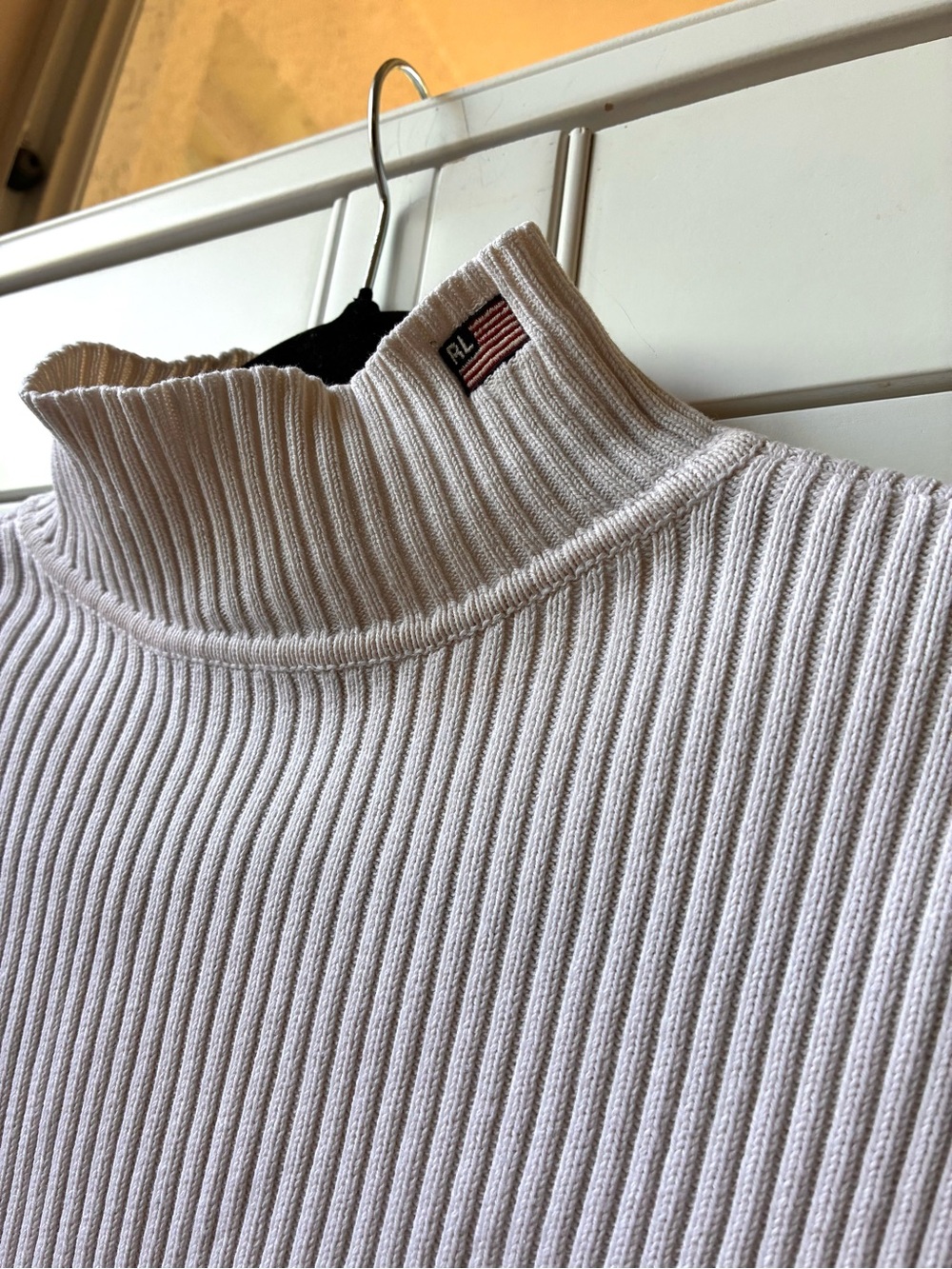 Vintage 80s polo jeans Ralph Lauren cream Rib-Knit Turtleneck Flag logo Patch S - Picture 4 of 14
